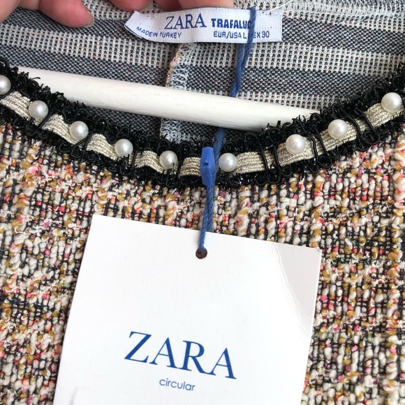 ZARA Boucle Tweed Pearl Trim Top | Tan, White, Pink | Size M/L - Picture 5 of 12